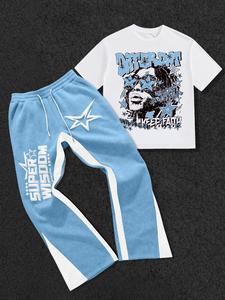 メンズの2点セットは、星や文字、グラフィックプリントのあるTシャツとパンツで構成されています。クルーネック半袖Tシャツにスリムフィットパンツを合わせるタイプです。ニット生地で、日常使いに適しており、オールシーズン着用できます。