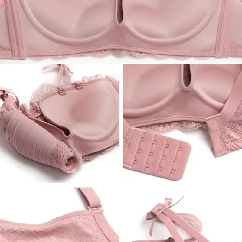 Set (Bra+Celana Dalam) kawat push-up anti-eksposur seksi pita jaring renda merah muda putri manis versi Korea 3