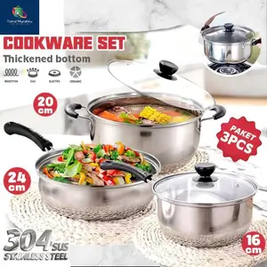 Set Panci Wajan Stainless Steel 3in1 - Panci Sup 22cm + Panci Mie 18cm + Wajan Penggorengan 26cm Tutup Kaca Tahan Panas - Anti Karat, Serbaguna, Alat Masak Dapur Berkualitas