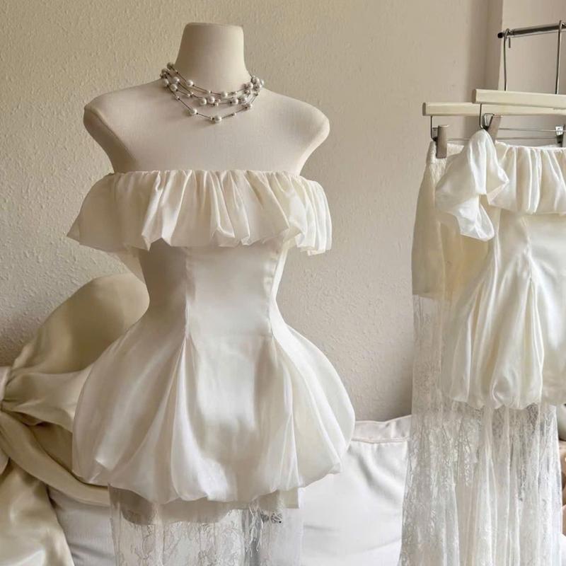  Set 2 món áo bí nhún bèo trễ vai kèm chân váy ren đuôi cá thiết kê sang chảnh S137-02 