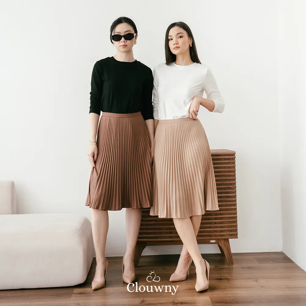 Clouwny Rok Plisket Kantor Wanita Vamos Midi Pleat Skirt Plisket Pendek Casual Panjang Mini premium