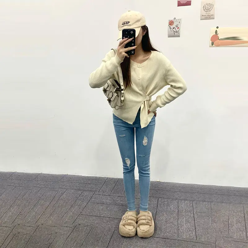 MOMO 1517 Jeans robek baru jeans delapan perempat skinny jeans chic outfit
