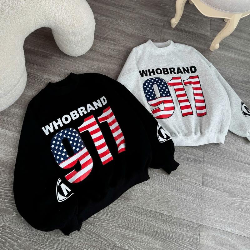  Áo sweater cổ tròn chất nỉ tàu l1 in cờ 911 form boxy oversize phong cách trẻ trung 