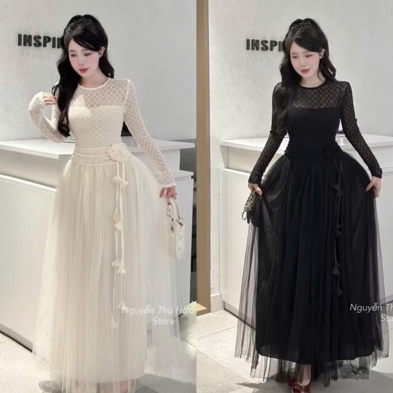Có Bigsize-Có Sẵn Đầm ren tay dài phối tùng lưới xoè dài bồng bềnh sang trọng hoa eo Kho Sỉ Hải Chuyền Đ255