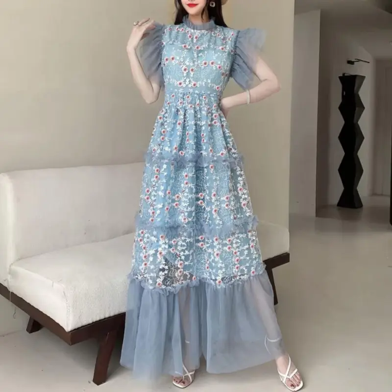 [Basica Moda] 13202 Gaun Dress Maxi Wanita Cameroon Embroidered Mesh 3