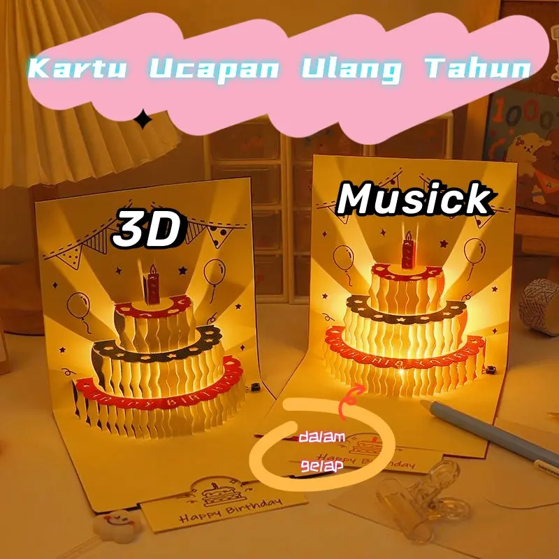 【COD】Lampu kartu ucapan ulang tahun 3D + musik dapat meninggalkan pesan berkah Set