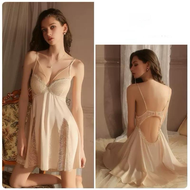  V21 - Váy ngủ lụa phối ren có đệm nâng đỡ V1 dáng baby xoè nhẹ hở lưng hàng chuẩn QC cao cấp 