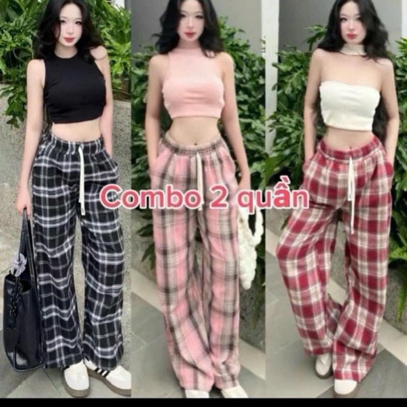 Combo 2 Quần Kẻ ông xuông nhiều màu sắc xinh sắn Hottren quần ống Rộng quần quần caro lười Nữ Women 2025