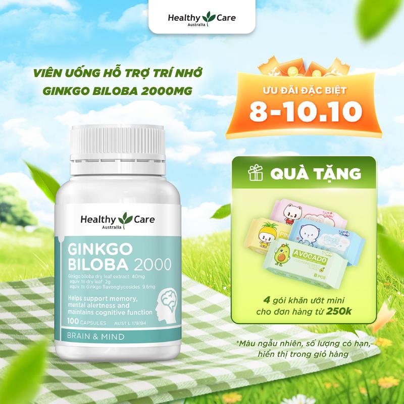 (LIVE) Viên Uống Bổ Não Healthy Care Ginkgo Biloba 2000mg Tăng Cường Trí Nhớ, Giảm Đau Đầu, Lưu Thông Máu Não - 100 Viên