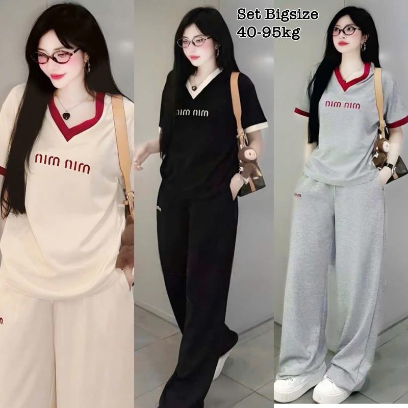 2422- Thời Trang Bigsize - Set Bộ Dài Thun Tăm Bigsize Form Rộng Thêu Chữ Che Giấu Bụng Hot Hit cổ tim Nữ Chuppy Cao Cấp Xinh Đẹp Sang Trọng Dễ Thương Giá Rẻ 40-95kg Én Nhỏ Có Bigsize Nhung Đen Voi Kem