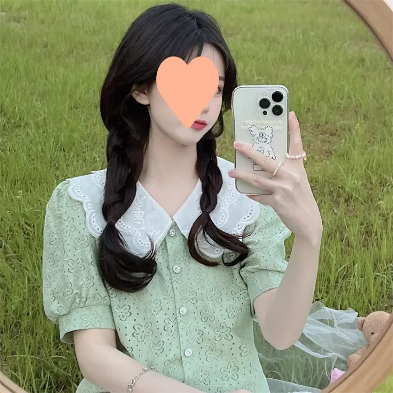 yikoo-Kemeja kerah bayi lengan pendek blouse wanita atasan
