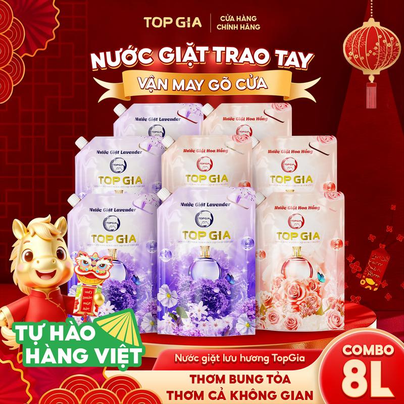 MUA 4 TẶNG 4 Combo 8 Túi 1L Nước giặt xả TopGia hương Lavender Hương hoa hồng Topgia - Nước giặt xả quần áo làm sạch ngừa khuẩn làm mềm vải và lưu hương dài lâu nth SẢN XUẤT TẠI VIỆT NAM dhm
