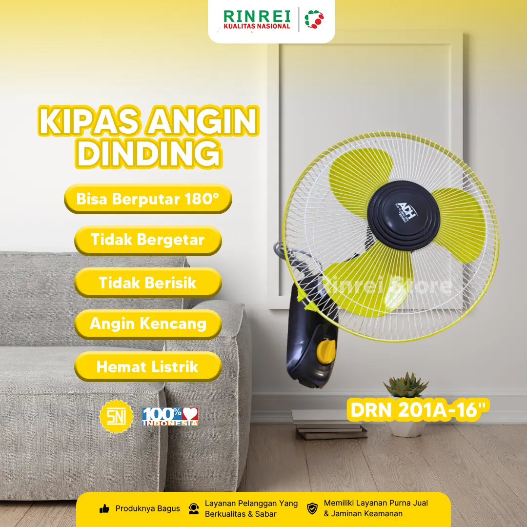 RINREI Kipas Angin dinding 16 Inch dengan 3 Speed Kecepatan dan 3 Baling Baling Plastik