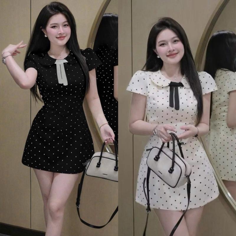 Mèo Mỡ Bigsize — Đầm mini chấm bi cổ sen cột nơ dáng ngắn tay phồng bigsize 60-90kg