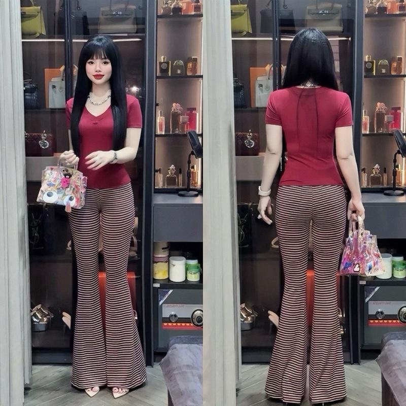Set Cổ Tim Tay Cộc Chất Borip Thai Màu Dưa Cải Phối Quần Loe Sọc Ngang Đen Không Túi 40/60kg 6
