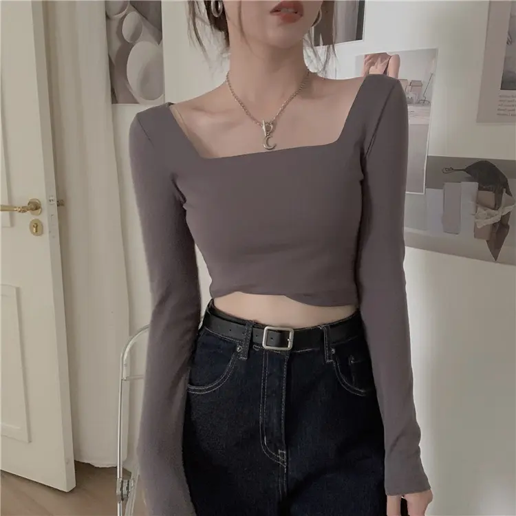 Spring and Autumn Black Square Neck Long Sleeve Base Shirt with Exposed Umbilical T-shirt for Women, Slim Fit Tight Inner Short High Waist Top, Solid Color