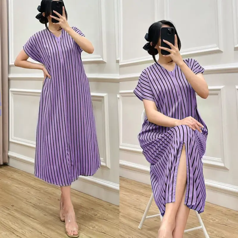 DRESS V NECK WANITA/Dress Salur Rayon Premium/Dress Korea/Dress Kekinian/Dress Busui/Daster Murah 1