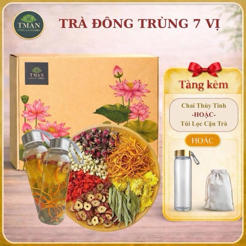 Trà đông trùng 7 vị thảo mộc Hộp 30 Gói Tặng Chai Hoặc Túi Lọc - Thành Phần: Đông trùng hoa cúc hoa hồng hoa nhài cỏ ngọt táo đỏ kỉ tử - Chè Tea