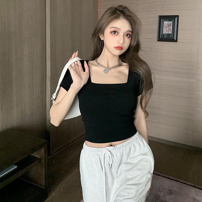 Uniqueestore BJ1557 Baju Atasan Kaos Crop Top Polos Kerah Persegi Spandek FashionKorea Wanita Lengan Pendek Santai Cewek dalam Tshirt Dewasa Oblong Basic Simple Tee