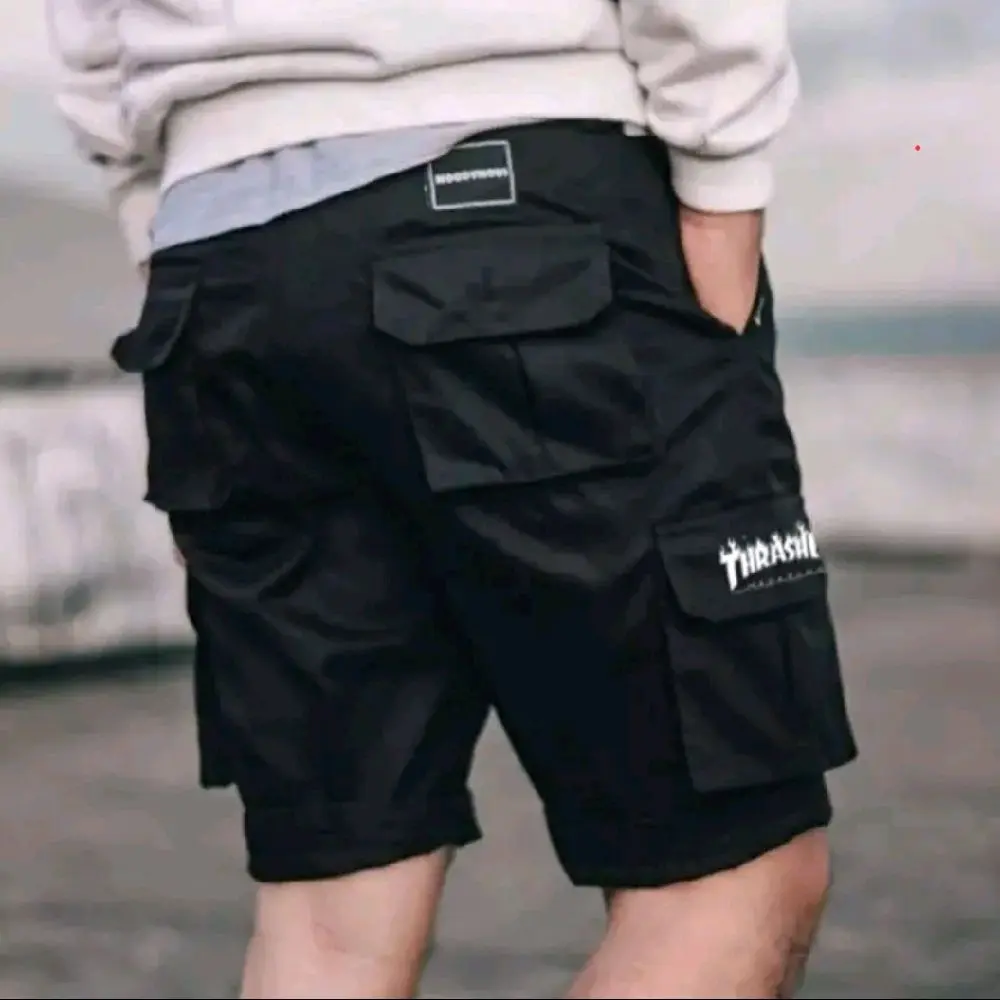CARGO PANTS Distro Bordir Thrasher Model Pinggang Reff Style Holigan Celana Hitam Tebal