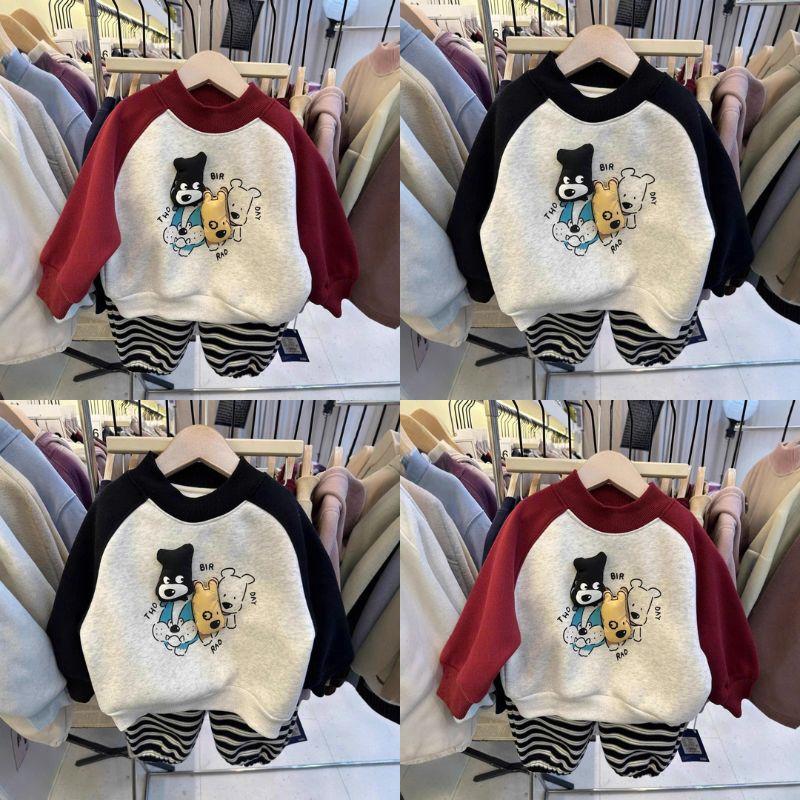  Bộ quần áo nỉ đính cún nhồi bông quần kẻ hoạ tiết dễ thương cho bé trai bé gái 8-18kg 