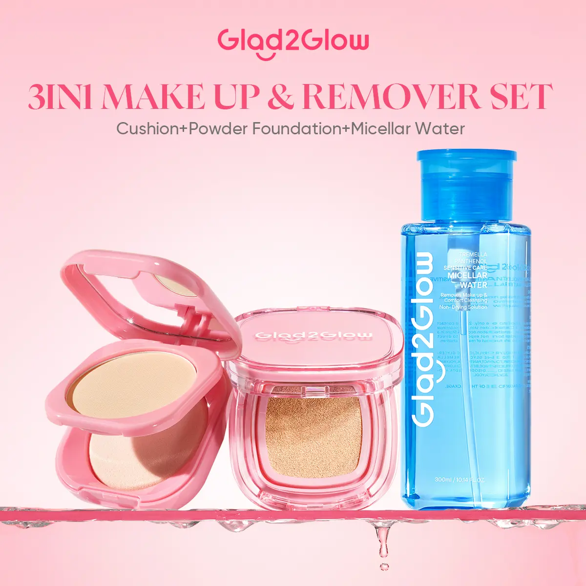 [BPOM] Glad2Glow Cushion&Skincare 3 in 1 cushion+powder foudation+micellar water perfect cover makeup set dengan kandungan skincare mencegah kekusaman dan kulit kering sepanjang hari G2G Longlast Berry Wajah Foundation Concealer
