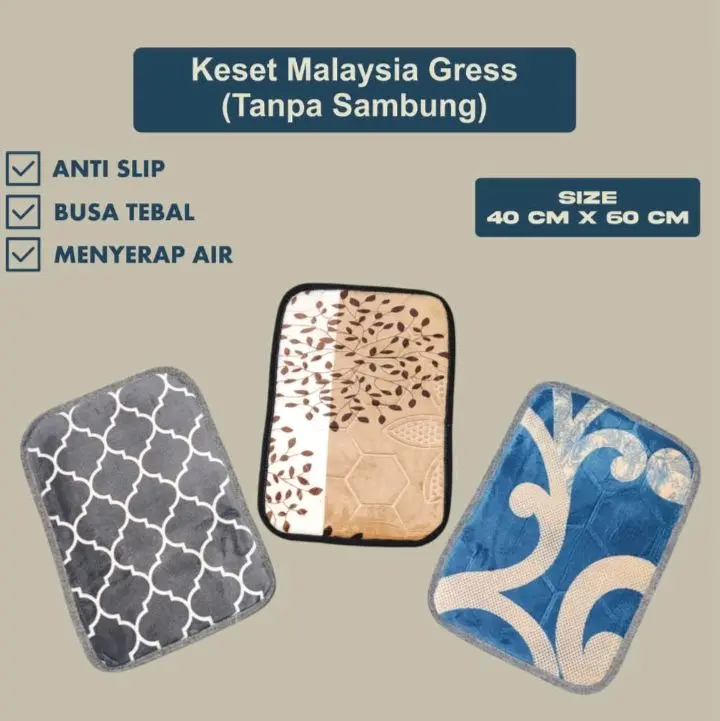 Keset Malaysia Gress Tanpa Sambungan MOTIF MIX empuk & Anti Slip daya serap Air tinggi dengan Ukuran 40 CM x 60 CM Busa Tebal Menyerap Air
