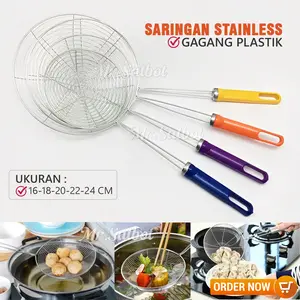 Saringan Minyak Multifungsi Serokan Masak Gagang Warna Warni Tirisan Gorengan Stainless Tahan Panas Kitchenware