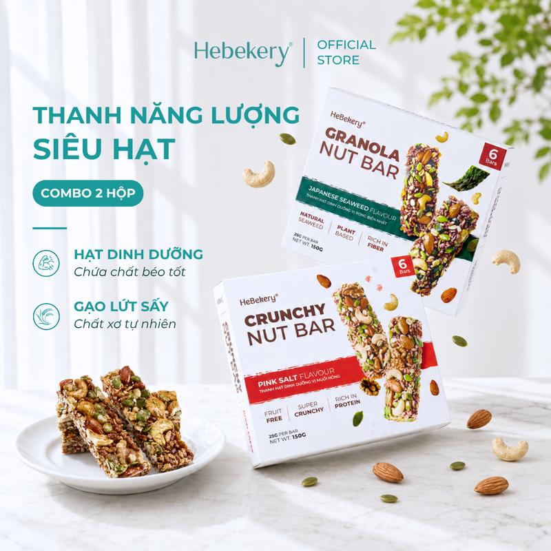 2 Hộp Thanh Năng Lượng Siêu Hạt 3 Vị Muối Hồng, Dark Choco, Rong Biển - Hộp 6 Thanh 150gr - Thành Phần Dinh Dưỡng Từ GẠO LỨT SẤY, Vị Ngọt Thanh Dịu Từ MẬT ONG & MẬT THỐT NỐT - Snack Ăn Vặt Healthy Dinh Dưỡng