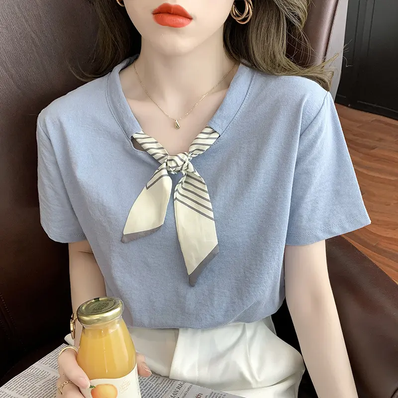 Áo Thun Ngắn Tay Thắt Nơ Phong Cách Phương Tây Thời Trang Và Dễ Phối Đồ, Chất Liệu Cotton Nguyên Chất 100%, Dành Cho Nữ, Thiết Kế Mới Mùa Hè, Áo Thời Trang Thanh Lịch Top Women Sơ Mi Shirt Màu Đen Cổ Tròn