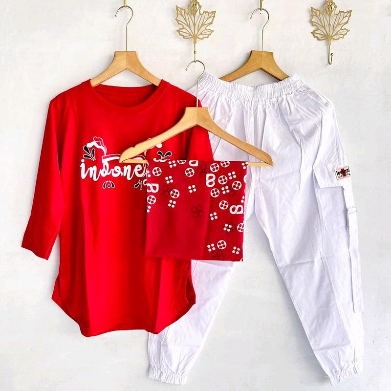 Setelan Jogger Cigaret JVN Kaos Combed Merah Putih + Hijab Voal Segi Empat Voal  Katun Nyaman 3