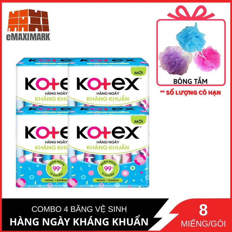 COMBO 4 Gói Băng Vệ Sinh Kháng Khuẩn Hàng Ngày Kotex Siêu Bảo Vệ 8 miếng 