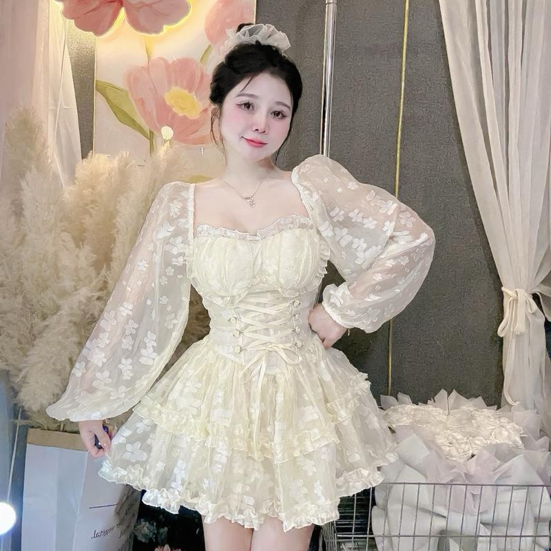 CD087 Váy Tơ Ép Hoa Tay Dài Đan Eo Xoè Bồng ảnh thật tôn dáng nữ tính,38-54kg sz S M