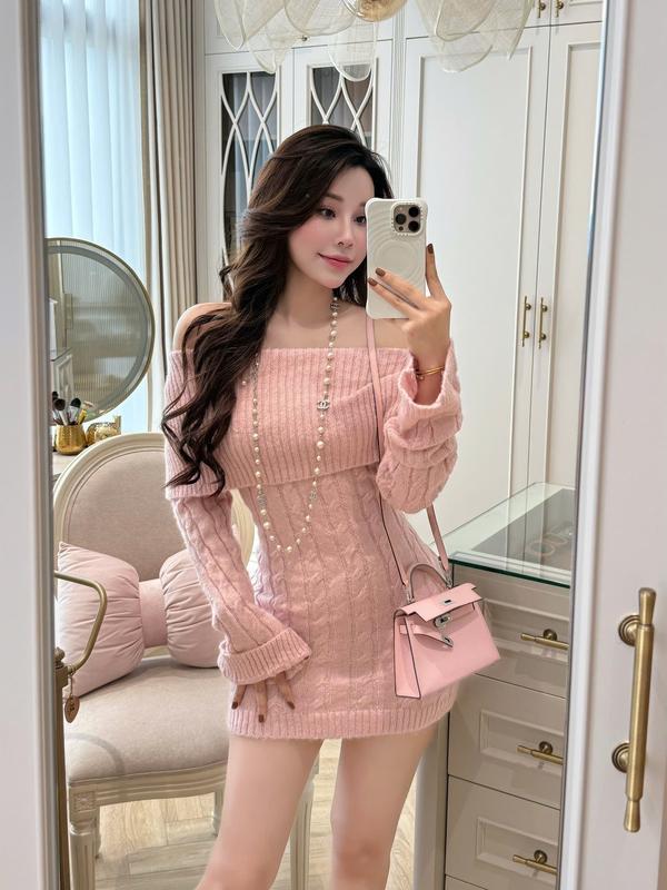 LINHHOANG Váy len trễ vai hồng DBD1854 Top nữ women