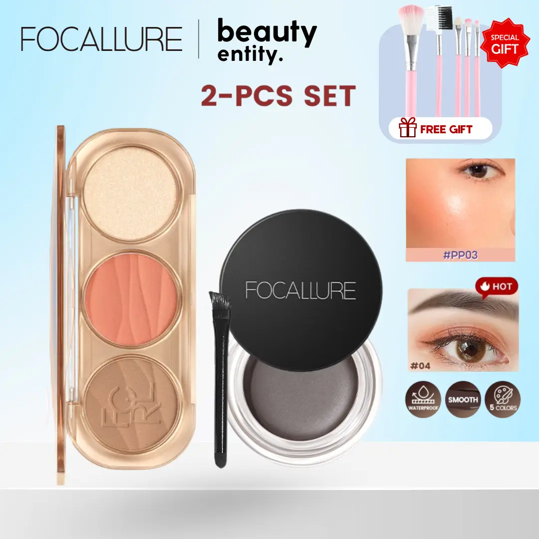 (PAKET HEMAT + GIFT) FOCALLURE 2PCS Face Palette Highlighter, Contour & Blush Palet Wajah Multifungsi + Eyebrow Cream Pomade Free Kuas