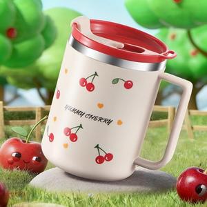 Taza de Café de Acero Inoxidable con Diseño de Cereza, 430ML, Taza Aislante para Casa Oficina Escuela, Vajilla para Beber Duradera y Elegante