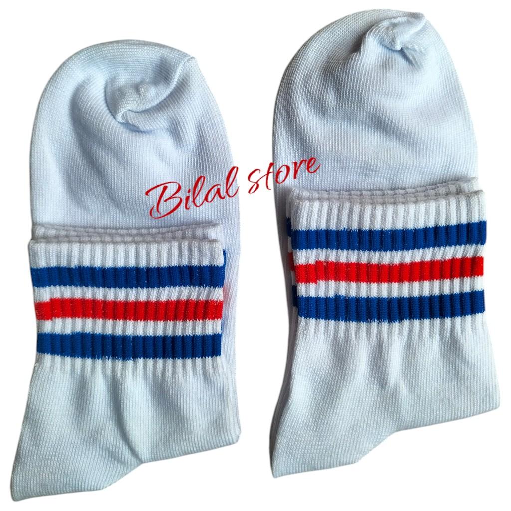 Kaos Kaki Oldschool Putih Strip Garis Tiga Pendek Atas Mata Kaki - 1 Pasang Pria Wanita Katun Nyaman Lembut