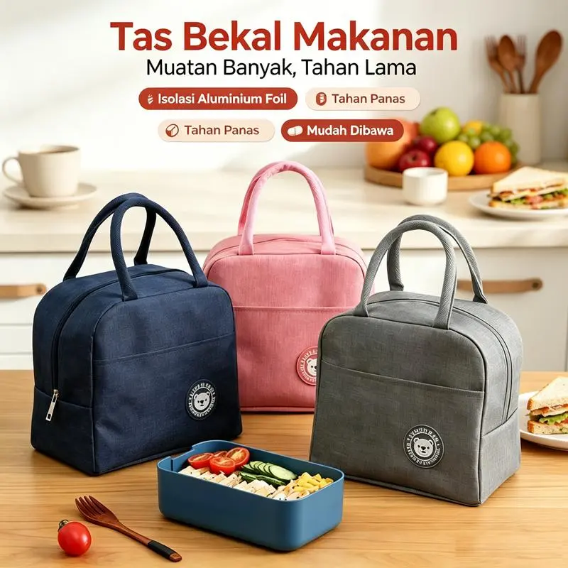 Tas Bekal Makan Estetik Anti Air Bisa Selempang & Digenggam, Tas Lunch Box dengan Kantong Jaring Alat Makan, Tas Penyimpan Makanan Praktis untuk Kantor