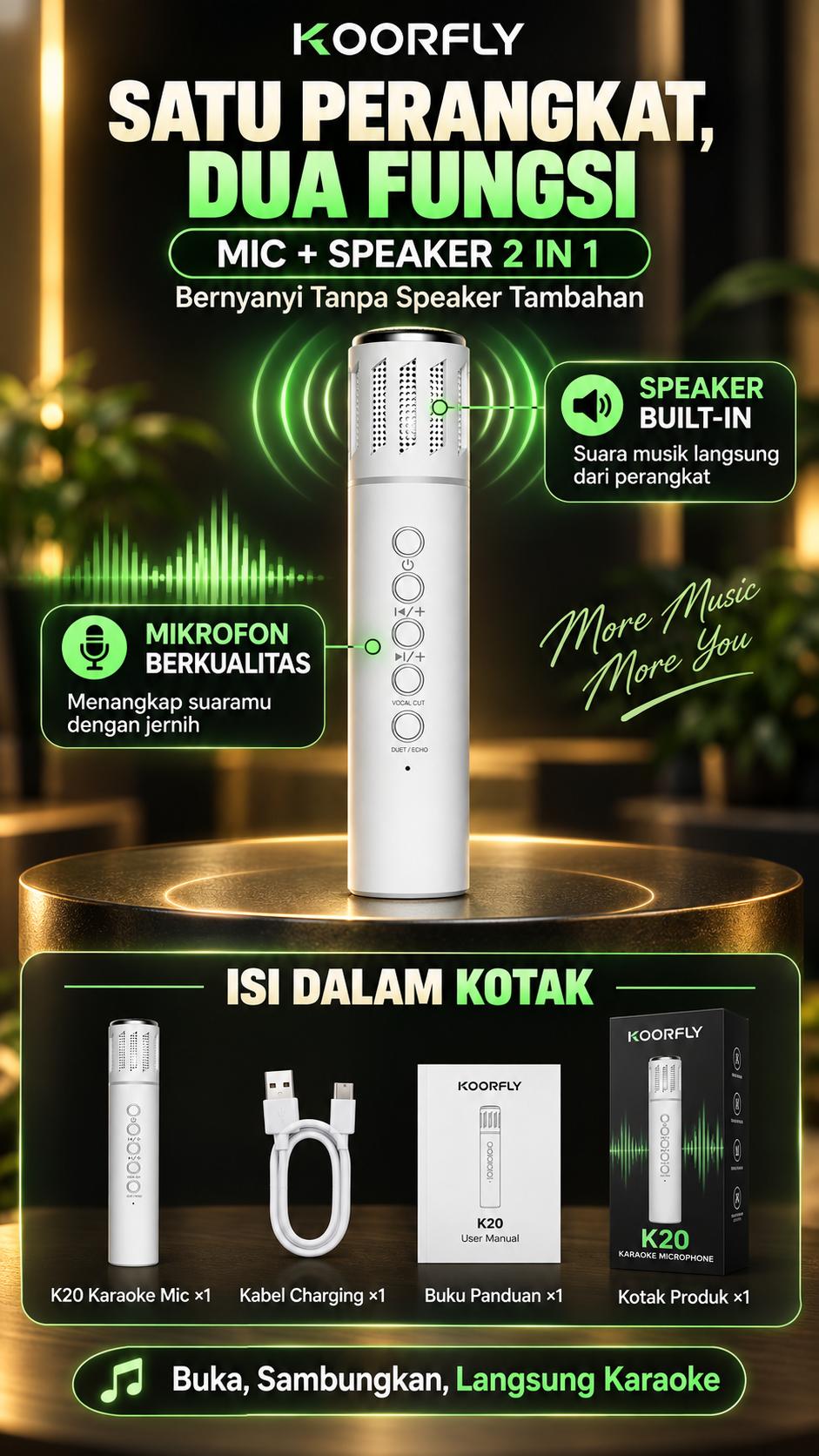 KOORFLY K20 Mic Karaoke Bluetooth 2-in-1 + Speaker Portable | Vocal Cut, Duet & Echo | TF Card & Earphone Support