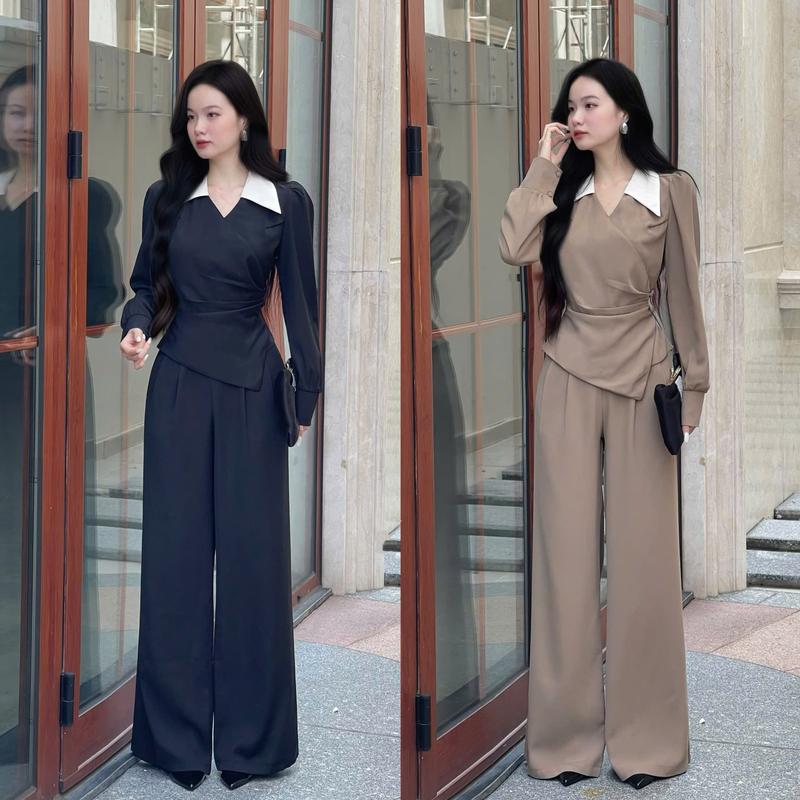 Set vest nữ thiết kế EMME T3230 2 món gồm áo phối lá cổ xếp ly chiết eo tay dài phối quần tây ống suông dài cách điệu - THANH TỰ