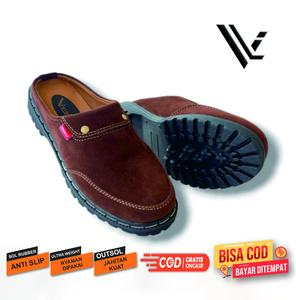 VL - Sepatu Sandal Selop Bustong Pria Kulit Suede  sintetis Lentur Casual Cowok Selop Premium Terbaru Shoes Karet PVC Jahitan Full