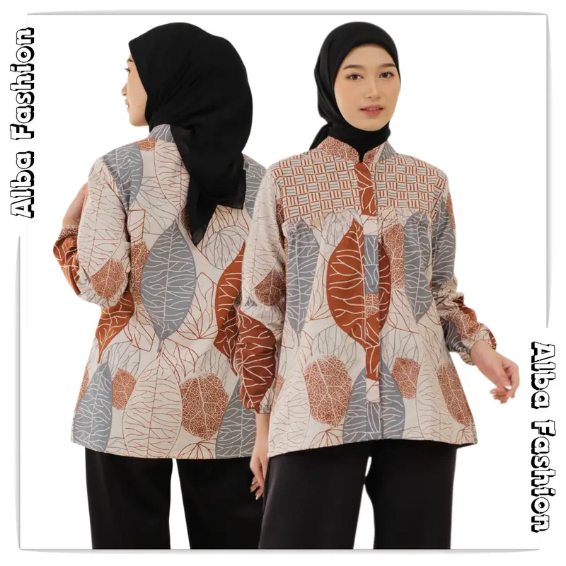 Atasan Blouse Batik Kerja Kuliah Motif Daun Katun Rempel Lengan Panjang Nyaman Baju Batik Wanita Terbaru Kekinian Cantik Formal Santai Pendek 0