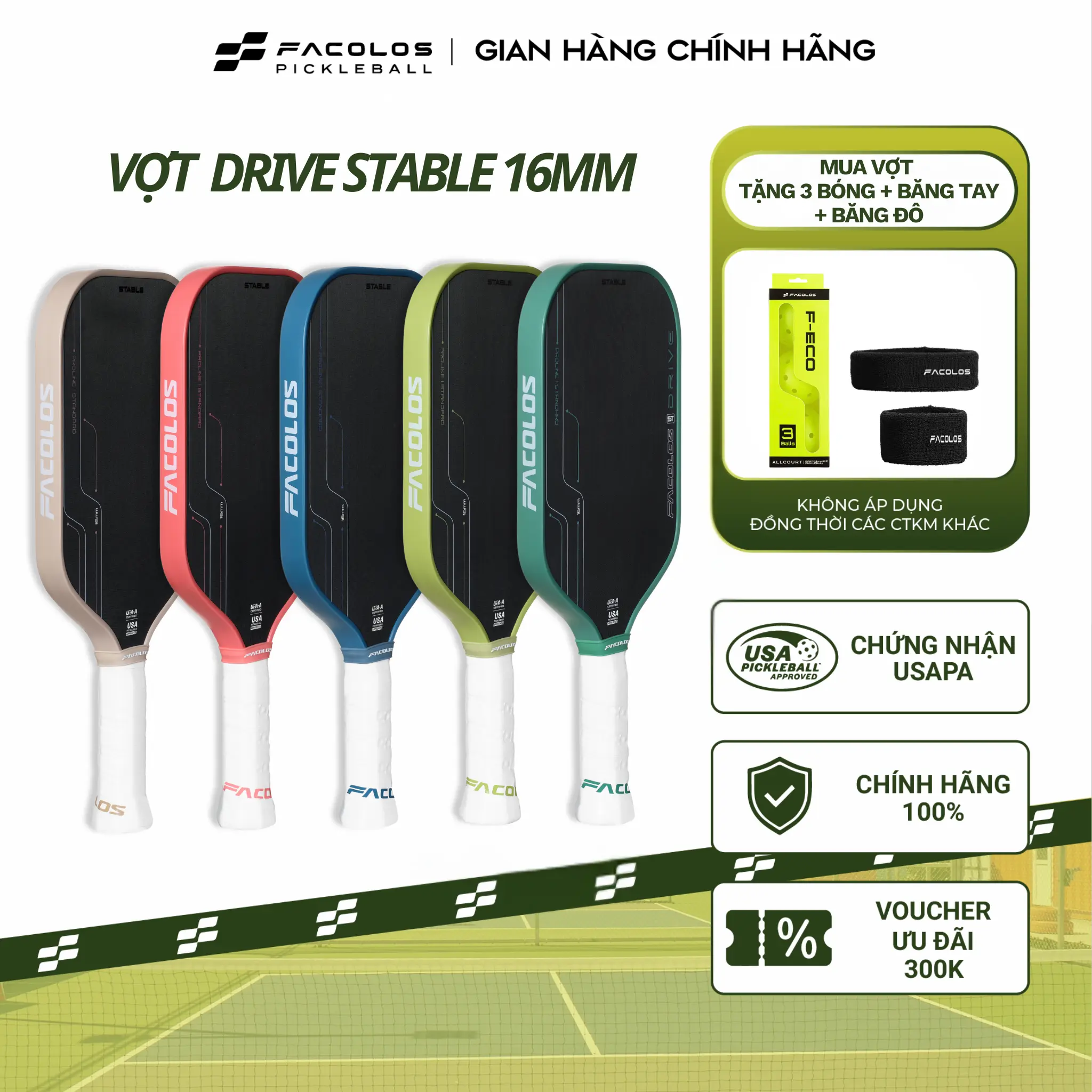 Vợt pickleball Facolos Drive Stable (16MM) bề mặt carbon vật lý tăng độ xoáy và khả năng kiểm soát