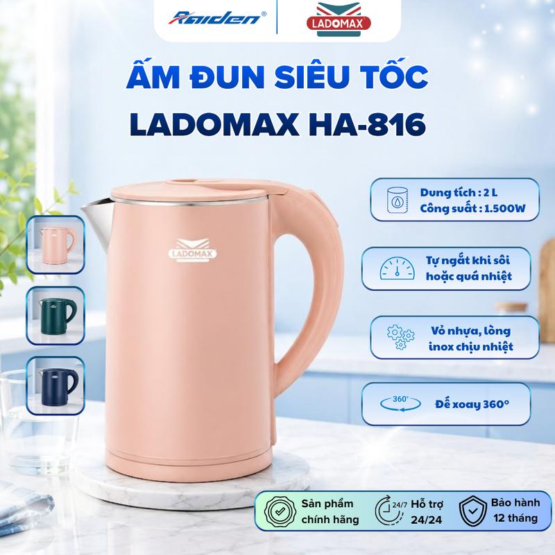 Ấm Đun Siêu Tốc LADOMAX HA-816 2L 1500W – Inox Cao Cấp – 2 Lớp – Ngắt Tự Động – Xoay 360°