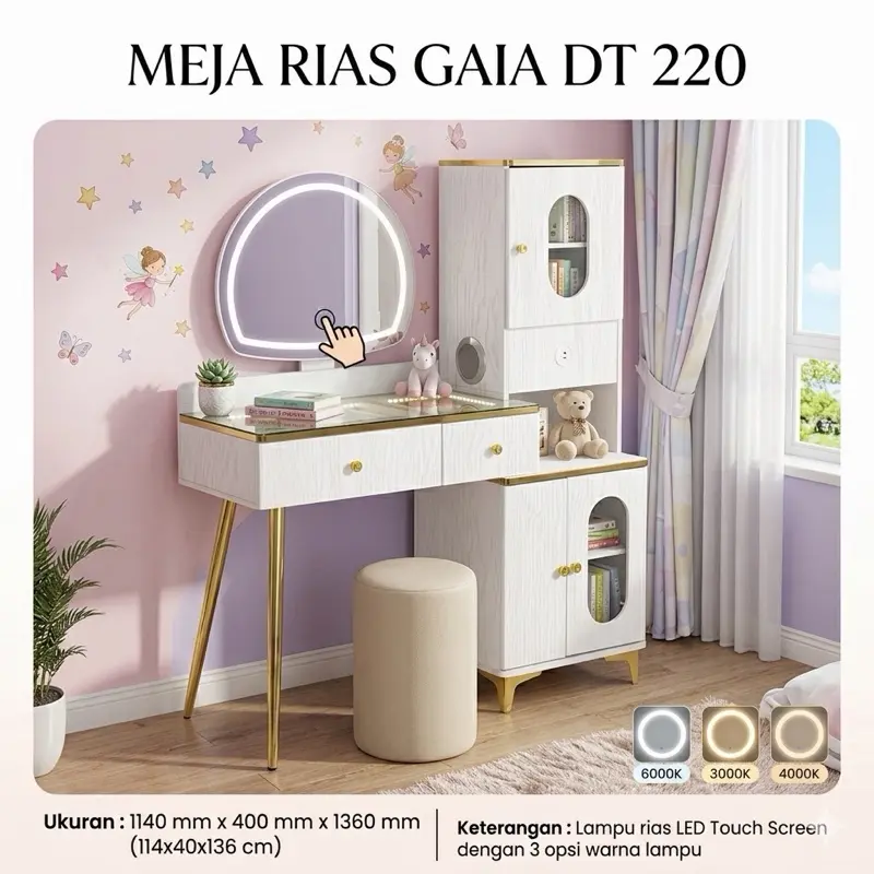 Meja Rias Gaia DT 220 Meja Rias Gaia Dressing Table Meja Rias Lampu LED Meja Rias Minimalis Meja Rias Lampu Sensor Sentuh Meja Makeup Cermin Makeup Vanity Mirror LED