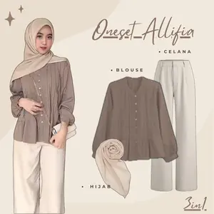 Allifia Oneset Wanita Kekinian 3in1 (Blouse + Celana + Hijab) Outfit anak perempuan setelan OOTD AMO9