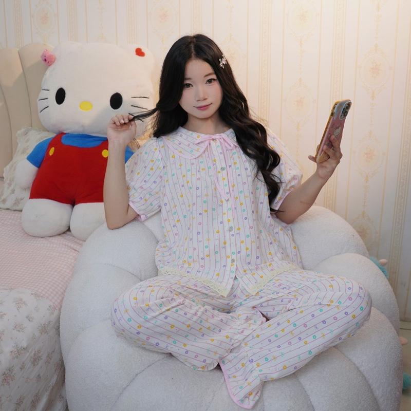 CỘC DÀI cổ sen bộ ngủ nữ tiểu thư cổ sen cộc dài vải đũi bông mây mùa hè mặc đi ngủ mát mẻ thoải mái Women Quần Ngủ Áo Ngủ Cotton