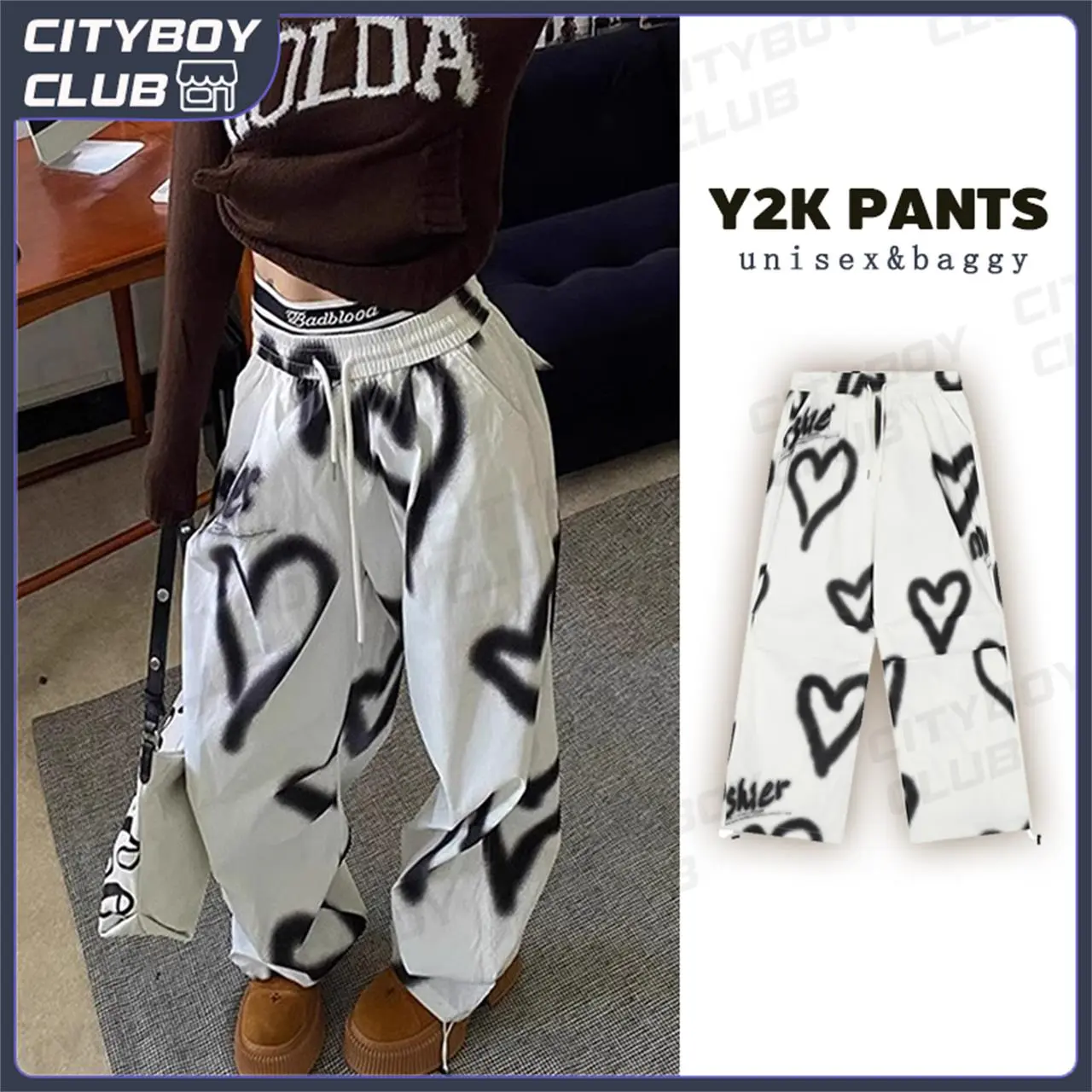 Y2K Pants Baggy hiphop style oversized Aethestic pants Drastring Unisex Heart printed