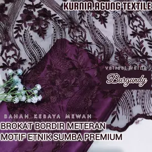 Kain Brokat Bordir Motif Etnik Sumba Akar Rambat Warna BURGUNDY PER 50CM Bahan Kebaya, Dress Premium