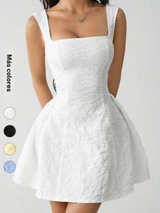 Vestido para mujer, vestido blanco de tirantes para verano, vestido elegante para fiesta con espalda abierta y textura esponjosa, tejido texturizado con cierre de cremallera, uso diario y fiestas